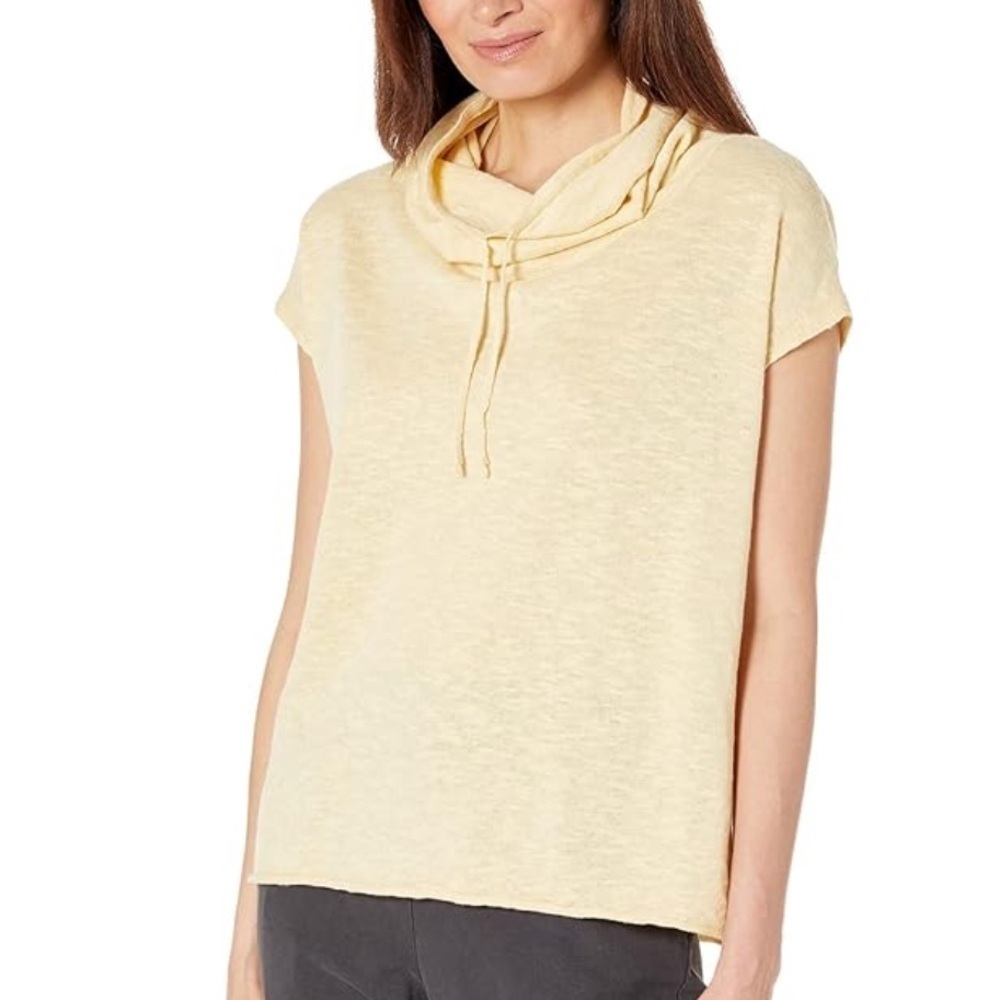 EILEEN FISHER Butter Yellow Organic Cotton Linen Slub Cowl Neck Box Top XS